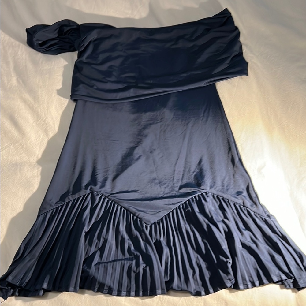 Meshki Navy Blue One Shoulder Pleated Tiered Dress